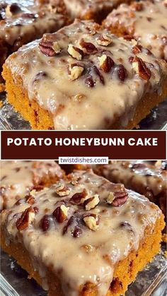 a close up of a plate of food with some type of cake on it and the words potato honeybun cake