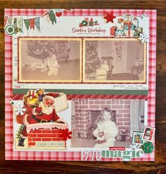 an old fashioned christmas card with santa claus and other holiday items on it, including a fireplace