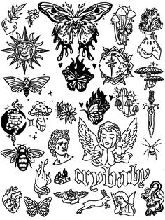 an ink drawing of many different types of tattoos