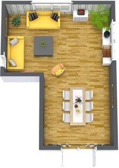 an overhead view of a living room and dining area in a small apartment with wood flooring