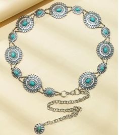 Western Turquoise Waist Chain/Belt 49.2" Total Length Color:Silver Style:Boho Stretch:Non-Stretch Type:Chain Belts Material:Zinc Alloy Waist Chain Belt, Turquoise Belt, Western Turquoise, Boho Turquoise, Stil Boho, Chain Belts, Turquoise Flowers, Western Boho, Waist Chain