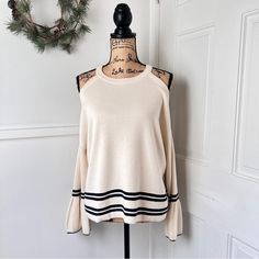 Nwt Anthropologie Knitted & Knotted Cold Shoulder Striped Bell Sleeve Sweater. Features: ~Open-Shoulder Silhouette ~Flared Bell Sleeves ~Contrast Stripes On The Arms And Bottom Hem ~Pullover Styling ~Color: Ivory/Cream With Navy Blue Stripes ~Cotton/Linen Blend Condition: New With Tags. New And Never Worn. Size M Pit To Pit Approx 23" Laid Flat Length Approx 23" (Top Of Strap To Hem) Sleeve Length Approx 19" Fabric: 97% Cotton; 3% Linen Keywords: Coastal Chic Nautical Closet Preppy Stripes Knit Cream Crew Neck Knit Top For Day Out, Chic Cream Pointelle Knit Sweater, Cozy Cream Knit Top For Spring, Cream Soft Knit Top For Spring, Cream Soft Knit Sweater For Day Out, Cream Knit Sweater For Day Out, Cream Knit Top For Fall Day Out, Crew Neck Cream Sweater For Day Out, Cream Crew Neck Sweater For Day Out