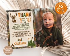 a folded thank card with a photo of a young boy wearing a deer headdress