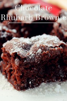 chocolate rhubarb brownies on a plate with powdered sugar in the middle