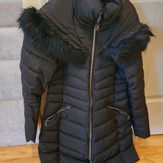 Zip Up, Detachable Faux Fur Hood, Black In Color, Size Small Fitted Black Outerwear With Faux Fur Trim, Fur Hood, Black Coat, Faux Fur, Zip Ups, Jackets & Coats, Jackets For Women, Women Shopping, Black