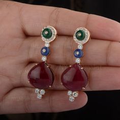 Genuine Pink Tourmaline Earrings Solid 18K Yellow Gold Art Deco Blue Sapphire Emerald Dangle Drop Earrings Certified Diamond Jewelry * SKU: SGE01195 * Made to Order. * Gold Purity: 18K Solid Gold (stamped) * Custom Gold Color: Yellow/ Rose/ White Gold * Custom Gold Purity: 9K/14K/18K (Charges Apply) * Diamond 100% Genuine Diamond * Diamond Weight: 1.265 Ct. * Diamond Color: G-H * Diamond Clarity: SI1- SI2 * Diamond Cut: Brilliant Cut (Excellent) * Pink Tourmaline Weight: 17.22 Ct. * Blue Sapphir Formal Multi-stone Dangle Earrings, Elegant Red Multi-stone Earrings, Luxury Hallmarked Drop Earrings, Gemstone Diamond Ring, Minimalist Earrings Studs, Deco Blue, Tourmaline Earrings, Gold Art Deco, Christmas Gift Jewelry