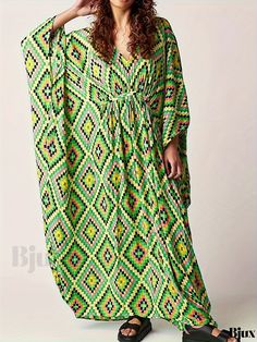 Bjux - Womens Geometric Print V Neck Kaftan with Plaid Details: Batwing Sleeves, Loose Fit, Tribal Inspired Beach Cover Up Dress – Ideal for Swimwear & Resort Clothing Patterned Long Maxi Dress For Vacation, Patterned Long Maxi Dress For The Beach, Patterned Maxi Dress For The Beach, Patterned Beachwear Maxi Dress For Beach, Patterned Maxi Dress For Beach Vacation, Patterned Maxi Dress For Beach, Patterned Maxi Beach Dress, Patterned Maxi Dress With Vibrant Print For Beach, Green Printed V-neck Beach Dress