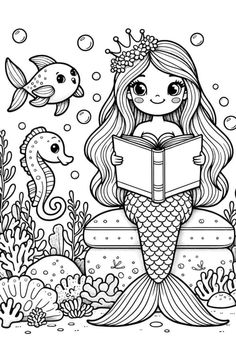 a little mermaid reading a book while sitting on a pillow under the seaweed and fish