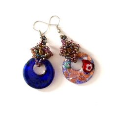 Handmade earrings. Millefiori Glass earrings with hand made beaded bail. Gorgeous glass work, Millefiori Glass EARRINGS with hand made Artistic Earrings, Patriotic Earrings, Murano Glass Earrings, Wood Resin Jewelry, Black Leather Necklace, Spring Earrings, Glass Work, Blue Pendant, Star Earrings Stud