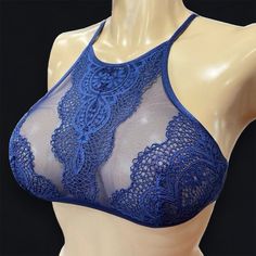 New, With Tags Size Medium Sexy High Neck Mesh & Crochet Lace Adjustable Straps Back Closure Unlined Victoria's Secret Stretch Blue Bra, Victoria's Secret Blue Party Top, Victoria's Secret Blue Summer Bra, Blue Lace Trim Bra For Summer, Mesh Crochet, Sequin Bra, Rhinestone Bra, White Lace Bra, Body Bra