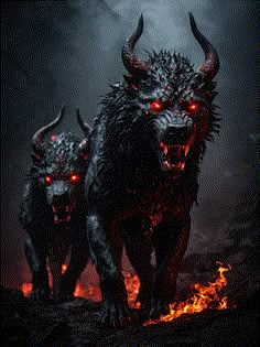 three demonic creatures with glowing red eyes walking through the dark woods in front of fire