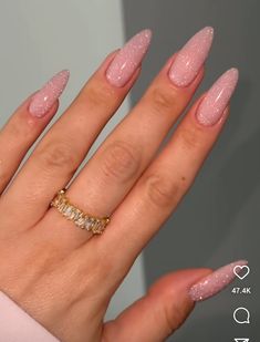 Gel Nails Inspo Almond, Long Round French Tip Nails, Almond Nude Nails With Glitter, Long Almond Nail Ideas, Girly Almond Nails, Nail Inspo Almond Simple, Glittery Almond Nails, Oval Long Nails, Baby Pink Nails Ideas