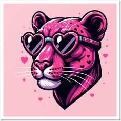 a pink leopard with heart shaped sunglasses on it's face, in front of a pink background