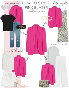 What Goes With Pink Outfits, Fuchsia Shorts Outfit, Pink Blazer Brunch Outfit, Hot Pink Blazer And Jeans Outfit, Pink Linen Blazer Outfit Women, Fuscia Shirt Outfit, What Colors Go With Pink Outfits, Pink Blazer Outfit Classy Dressy, Pink Business Professional Outfits