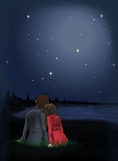 two people sitting in the grass looking at the stars