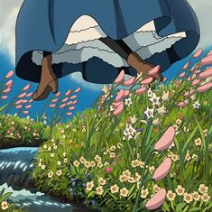 an animated image of a woman floating in the air over flowers and grass with a stream running through it