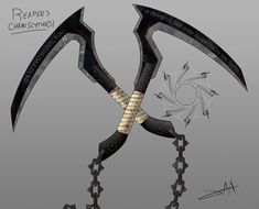 an artistic rendering of a giant knife with chains attached to it's handles and blades