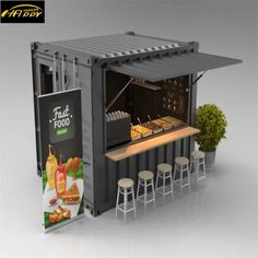 an outdoor food stand with stools and tables in front of it, which is made out of shipping containers