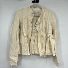 Proenza Schouler Tie Front Cream Denim Peplum Jacket Women’s Size 4 Excellent Preowned Condition Tie Detail Chic Cotton Outerwear With Ruffles, Cream Linen Outerwear For Spring, Cream Linen Spring Outerwear, Spring Cream Linen Outerwear, Fall Daywear Outerwear With Ruffles, Fall Ruffled Outerwear For Daywear, Peplum Jacket, Jacket Women, Proenza Schouler