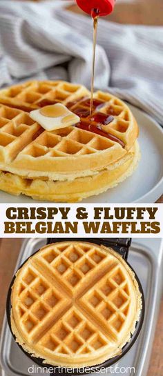 two waffles with syrup being drizzled over them and the words crispy & fluffy belgium waffles on top