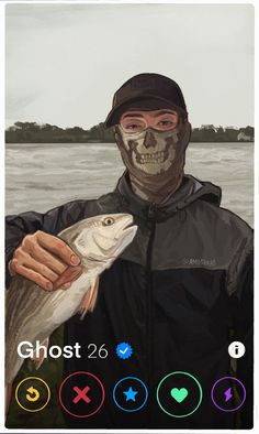 a man holding a fish while wearing a face paint on it's face and the caption ghost