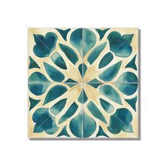 a blue and yellow tile with leaves in the center, on a white wallpaper background