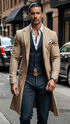 Well Dressed Men Casual, Tan Overcoat, Elegant Men Style, Smart Casual Shirts, Classy Suits, Stylish Men Casual, Mens Attire, Mens Fashion Blog