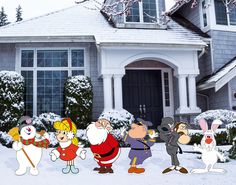 cartoon characters standing in front of a house with snow on the ground and trees behind them