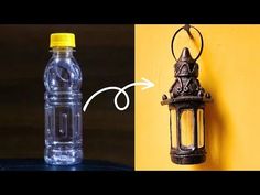 an old lantern is hanging on the wall next to a water bottle that has been turned into a keychain