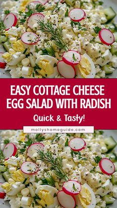 an egg salad with radishes and cheese is shown in two different pictures, the top