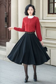 About this item: This black circle skirt has an embroidered design on the waist. The exquisite midi black wool skirt is tailored to perfection, ensuring a snug yet elegant fit that exudes sophistication and style.  With its timeless silhouette and luxurious feel,  this bespoke womens pleated wool skirt is a true investment piece that will elevate any outfit to new levels of refinement and class. DETAIL * 30% wool, 30% fiber, 40% polyester * Fully satiny lining, more nice to the touch body * Two side seam pockets      * Back zipper closure       * Midi wool skirt                                            * A line wool skirt * Vintage circle skirt * High waist skirt  * Embroidered skirt * Perfect for autumn and winter * Dry clean * Learn More about the items From the FAQs on the page bottom 60s Outfits, A Line Skirt Outfits, Embroidered Skirt, Wool Skirts, Circle Skirt, Black Wool, Embroidered Design, Vintage Skirt, Skirt Outfits