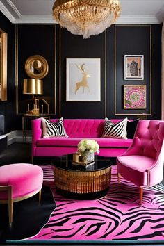 a living room with zebra print rugs and pink couches in front of a gold chandelier