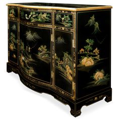 Golden Chinoiserie scenery featuring grand mountains and serene river banks is skillfully hand-painted in vivid detail all over this stunning curved-front console. Perfect as a sideboard for the dining room, a storage cabinet for the bedroom or as a hallway chest. The polished brass pulls perfectly match the decorative golden edges. A center drawer measuring 22.5in x 13.5in x 3in H and two side drawers of 8.5in x 11in x 3in H each are ideal for storing your smaller valuables. Meanwhile, the lowe Chinoiserie Furniture, Chinese Arts And Crafts, Asian Inspired Decor, Hall Cabinet, Floor Screen, Asian Wall Art, Chinoiserie Decorating, China Furniture, Japanese Decor