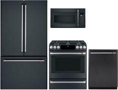 a black stove, refrigerator, microwave and dishwasher are shown in this image