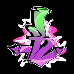 the letter k is painted in purple, green and pink with spray paint on it