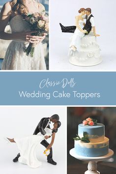 wedding cake toppers are featured in this collage