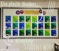 a bulletin board with instructions on how to use plastic dividers for display and student work