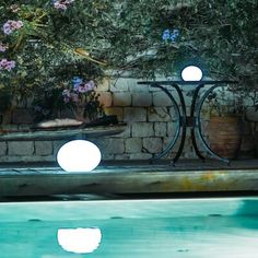 an outdoor pool with two lights on it and some flowers in the water behind it