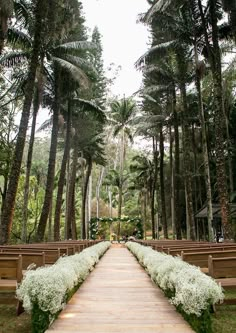 a long wooden walkway surrounded by trees and benches with white flowers on each side in front of them