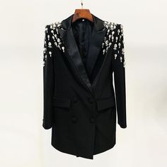 Jade Black Rhinestone Mini Blazer Dress - ALLARA Elegant Embellished Blazer With Lapel Collar, Black Single Breasted Blazer Dress For Evening, Satin Tuxedo Blazer For Party, Tuxedo Style Satin Blazer For Party, Luxury Satin Blazer For Party, Elegant Evening Blazer With Rhinestones, Fall Party Satin Blazer, Elegant Fitted Blazer With Rhinestones, Elegant Party Blazer With Rhinestones