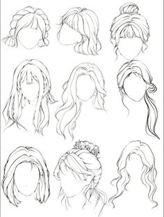 various hairstyles for girls with long hair and ponytails, drawn in pencil