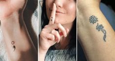 three different pictures of women with tattoos on their arms and shoulder, one showing the same woman's finger tattoo