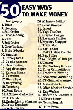 the 50 easy ways to make money poster is shown in blue and white with an image of