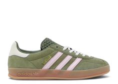 Wmns Gazelle Indoor 'Focus Olive Clear Pink' - Adidas - JH6475 - focus olive/clear pink/cream white Georgia Bulldog Shoes, Jordan Football Cleats, Ohio State Shoes, Adidas Gazelle Green, Olive Green Adidas, Pink Gazelles, Travis Scott Jordan 1, Adidas Gazelle Indoor, Flight Club