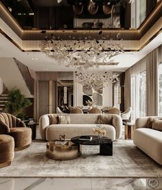 a living room filled with lots of furniture and a chandelier hanging from the ceiling