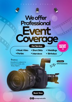 an event flyer with a camera and film reels on the front, as well as text that reads we offer professional event coverage