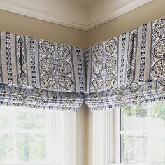 a kitchen window with blue and white curtains