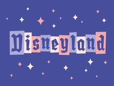 the word disneyland spelled in blocks with stars around it on a blue background, surrounded by pink and purple squares