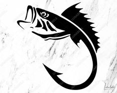 a black and white image of a fish on a marble background with the word's name