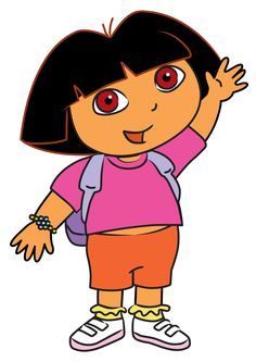 a cartoon character with big eyes and brown hair, holding her hand up in the air